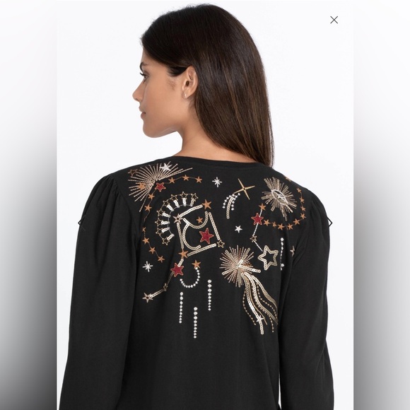 Johnny Was CALLISTO SEQUIN BISHOP SLEEVE TEE HTF XL Moon, Stars Embroidered - Picture 2 of 9